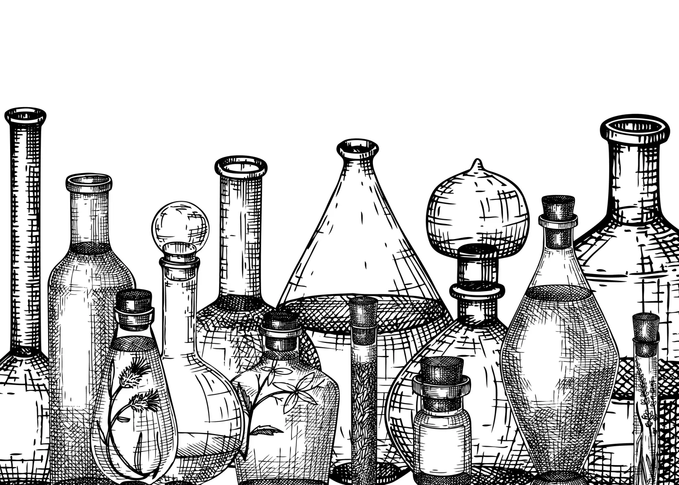 Hand-sketched glass equipment for perfumery and cosmetics making. Chemicals and alchemy glassware background. Perfume bottles, jars, flasks design in engraved style. Vintage drawing Illustration